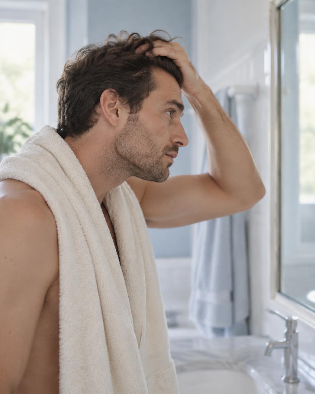 Man running his hand through his hair in a bright bathroom mirror