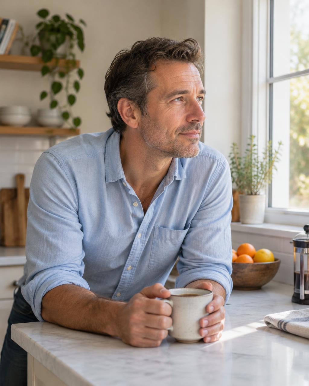 Man holding a coffee mug at a bright kitchen counter, looking out the window